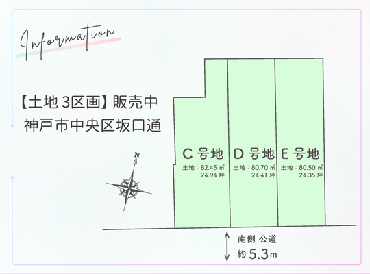 【土地3区画｜販売のお知らせ】DITA神戸市中央区坂口通 C・D・E号地